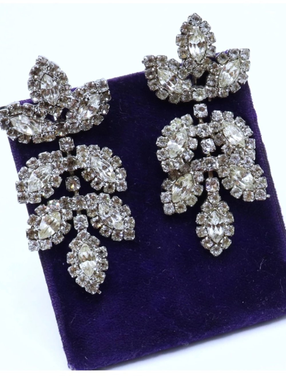 Vintage Rhinestone Leaf Chandelier Clip-On Earrings, Mid-Century Cascading Cryst